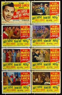 5h045 BECAUSE YOU'RE MINE 8 LCs '52 art & images of singing Mario Lanza, songs, fun & romance!