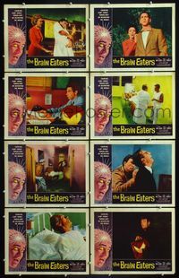 5h062 BRAIN EATERS 8 LCs '58 AIP, classic horror border art of girl's brain exploding!