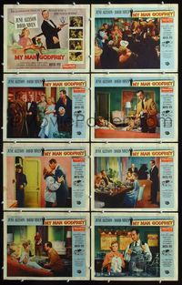 5h406 MY MAN GODFREY 8 LCs '57 wacky title card art of June Allyson & butler David Niven!