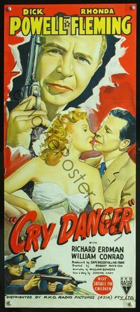 5k201 CRY DANGER Aust daybill '51 great film noir stone litho art of Dick Powell & Rhonda Fleming!