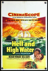 5k408 HELL & HIGH WATER English double crown '54 art of Richard Widmark, giant explosion!