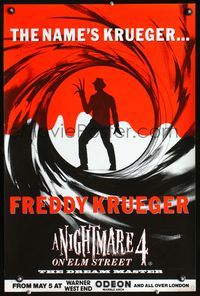 5k428 NIGHTMARE ON ELM STREET 4 Eng double crown teaser '88 cool Bond spoof art of Freddy Krueger!