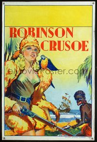 5k430 ROBINSON CRUSOE English double crown '30s great stone litho of sexy female hero & Friday!