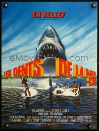 5k301 JAWS 3-D French 15x20 '83 great Gary Meyer shark artwork, the third dimension is terror!