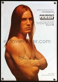 5k234 ANDY WARHOL'S TRASH German '70 close up of barechested Joe Dallessandro, Andy Warhol classic!