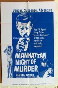 5k121 MANHATTAN NIGHT OF MURDER Canadian 1sh '65 art of George Nader & sexy girl in New York City!