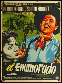5k092 EL ENAMORADO Mexican poster '52 art of laughing man with 2 guns & sexy babe by Josep Renau!