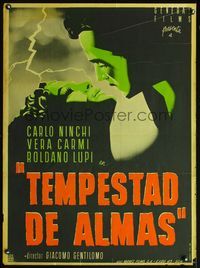 5k097 O SOLE MIO Mexican poster '45 Carlo Ninchi, cool Yanez art of lovers in lightning storm!