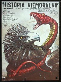 5k691 HISTORIA NIEMORALNA Polish 26x38 '90 cool Andrzej Pagowski art of snake constricting hawk!
