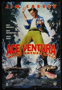 5m060 ACE VENTURA WHEN NATURE CALLS DS 1sh '95 wacky Jim Carrey rides crocodiles!