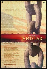 5m084 AMISTAD DS advance 1sh '97 Morgan Freeman, Steven Spielberg, cool sunset & chains design!