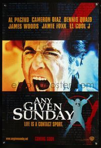 5m089 ANY GIVEN SUNDAY teaser 1sh '99 huge close-up of screaming coach Al Pacino, football!