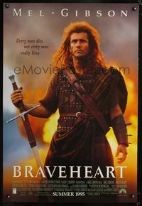 5m190 BRAVEHEART int'l advance 1sh '95 cool image of Mel Gibson as William Wallace!