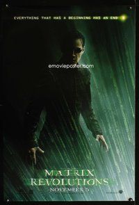 5m586 MATRIX REVOLUTIONS DS teaser Neo style 1sh '03 cool image of Keanu Reeves in code rain!