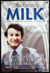 5m591 MILK DS 1sh '08 Gus Van Sant, close-up of Sean Penn in his Best Actor Academy role!
