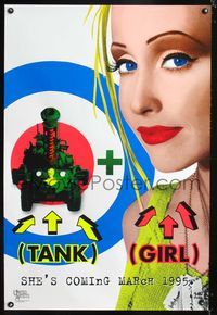 5m740 TANK GIRL teaser 1sh '95 wacky Lori Petty w/bullseye pop-art image!