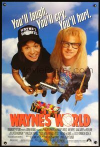 5m784 WAYNE'S WORLD 1sh '91 Mike Myers, Dana Carvey, one world, one party, excellent!