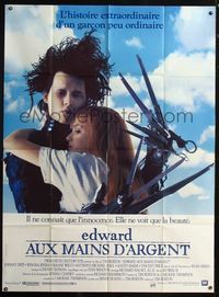 5n418 EDWARD SCISSORHANDS French 1p '90 Tim Burton classic, c/u Johnny Depp holding Winona Ryder!