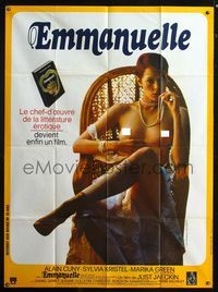 5n420 EMMANUELLE French 1p '75 close up of sexy Sylvia Kristel sitting naked in chair!
