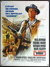 5n476 HOMBRE French 1p '66 cool artwork of Paul Newman pointing rifle by Boris Grinsson!