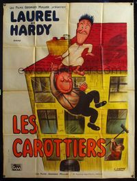 5n521 LES CAROTTIERS French 1p '31 art of French-speaking Laurel & Hardy falling off roof by Chanay