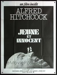 5n650 YOUNG & INNOCENT French 1p '78 cool art of tiny people standing on Alfred Hitchcock's face!