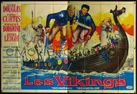 5n312 VIKINGS French 2p '58 cool art of Kirk Douglas, Tony Curtis & sexy Janet Leigh on long ship!