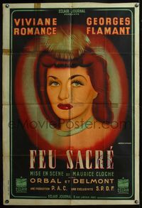 5n328 FEU SACRE French 31.75x47 '42 Maurice Cloche, art of Viviane Romance by Herve Morvan!