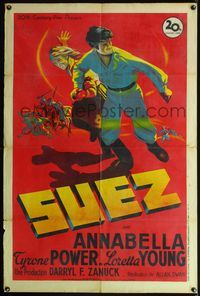 5n335 SUEZ French 31.5x47 '38 different art of Tyrone Power running with Annabella!