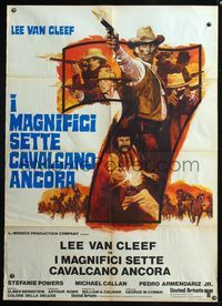 5n233 MAGNIFICENT SEVEN RIDE Italian 1p '72 cool different art of Lee Van Cleef & cowboys!