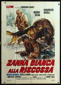 5n299 WHITE FANG TO THE RESCUE Italian 1p '75 Casaro art of dog saving man from attacking bear!