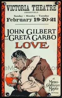 5n049 LOVE WC '27 great art of Greta Garbo and John Gilbert passionately embracing!