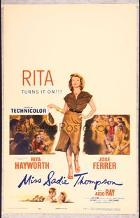 5n055 MISS SADIE THOMPSON WC '53 sexy smoking Rita Hayworth swinging purse & turning it on!