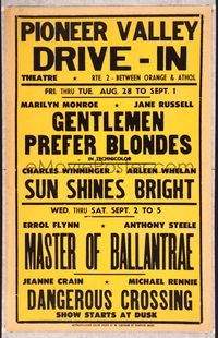 5n063 PIONEER VALLEY DRIVE-IN THEATRE AUG 28 local theater WC '53 Gentlemen Prefer Blondes + Flynn!