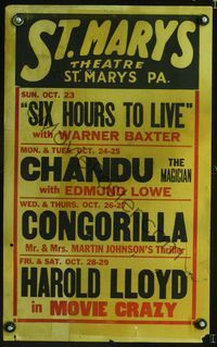 5n078 ST. MARYS THEATRE local theater WC '32 Chandu, Congorilla & Harold Lloyd's Movie Crazy!