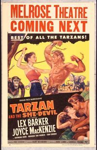 5n083 TARZAN & THE SHE-DEVIL WC '53 sexy Joyce MacKenzie swings whip at barechested Lex Barker!