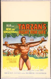 5n084 TARZAN'S FIGHT FOR LIFE WC '58 close up art of Gordon Scott bound with arms outstretched!