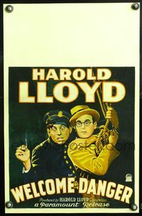 5n093 WELCOME DANGER WC '29 great artwork of Harold Lloyd & scared policeman holding match!