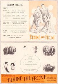 5o039 BEHIND THE FRONT herald '26 full-length art of WWI soldiers Wallace Beery & Raymond Hatton!