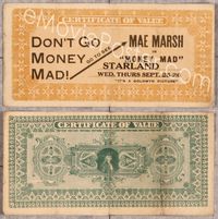 5o148 MONEY MAD herald '18 cool certificate of value money image with Mae Marsh pictured!