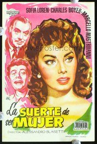 5o298 WHAT A WOMAN Spanish herald '58 art of Sophia Loren, Mastroianni & Boyer by Jano!