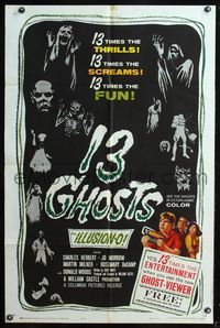 5p006 13 GHOSTS black style 1sh '60 William Castle, great art of all the spooks, ILLUSION-O!