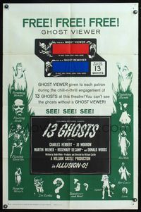 5p007 13 GHOSTS green style 1sh '60 William Castle, great art of all the spooks, Ghost Viewer!