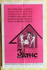 5p011 3 IN THE ATTIC 1sh '68 AIP, Yvette Mimieux, great sexy artwork of naked girls dancing!