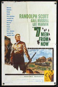 5p015 7 MEN FROM NOW 1sh '56 Budd Boetticher, great full-length art of Randolph Scott with rifle!