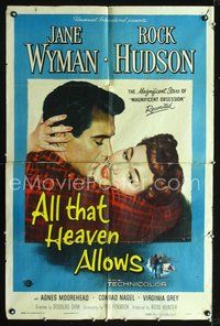 5p029 ALL THAT HEAVEN ALLOWS 1sh '55 close up romantic art of Rock Hudson & Jane Wyman!