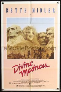 5p275 DIVINE MADNESS style A 1sh '80 wacky image of Bette Midler as part of Mt. Rushmore!