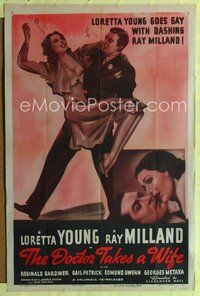 5p278 DOCTOR TAKES A WIFE 1sh R47 artwork of Milland carrying sexy Loretta Young!