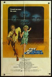 5p282 DOMINO PRINCIPLE 1sh '77 cool art of Gene Hackman & Candice Bergen fleeing from eyes!