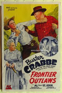 5p343 FRONTIER OUTLAWS 1sh '44 stone litho of Buster Crabbe in fistfight!